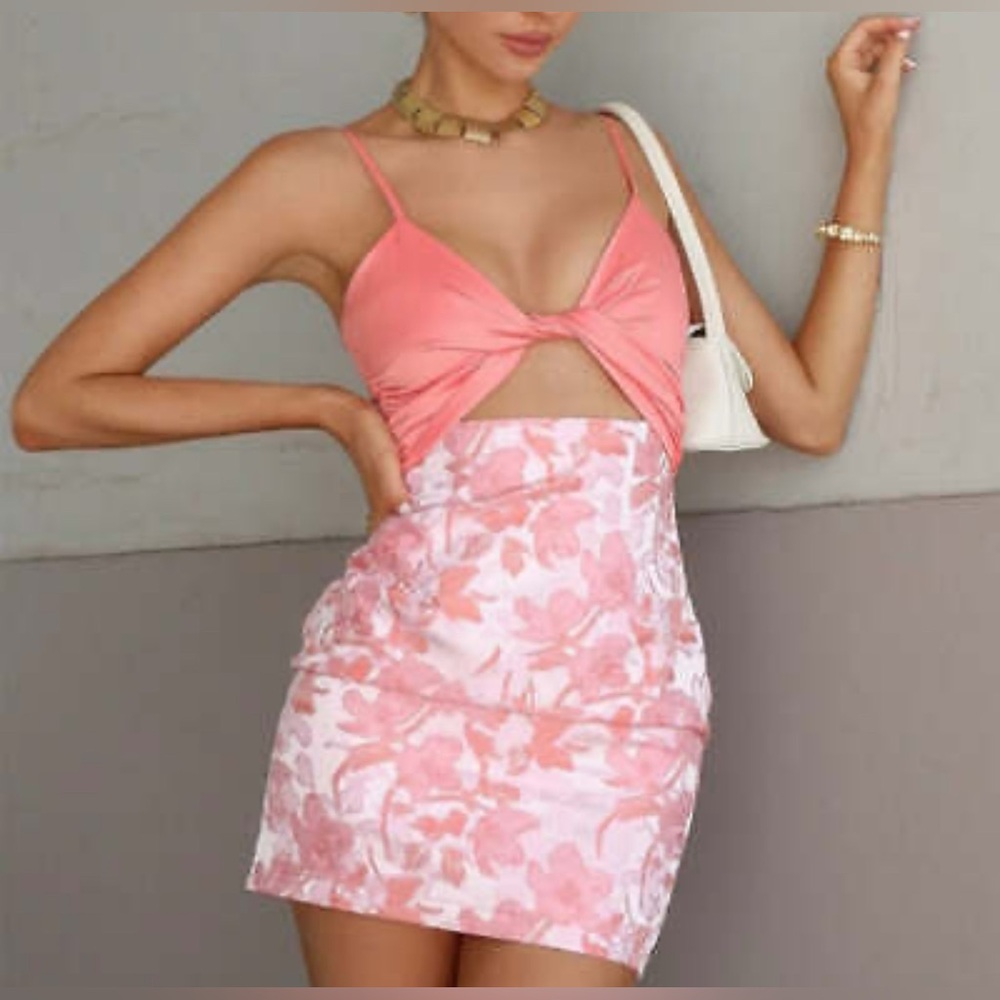 Coral Pink Floral Mini Dress with Twist Front